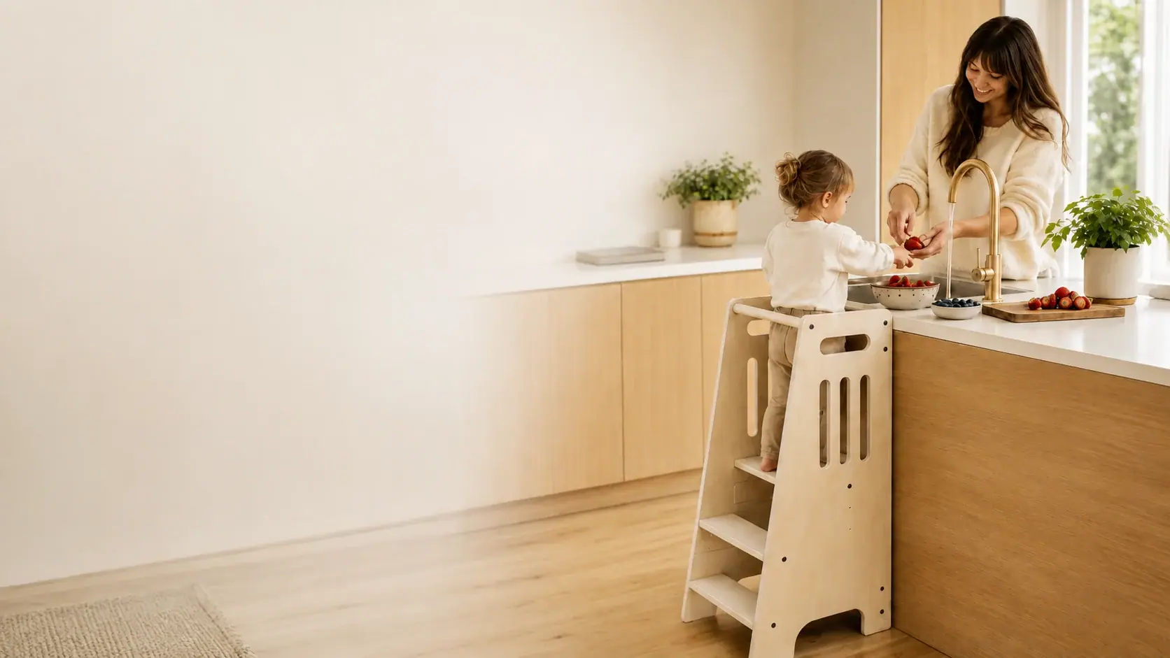A child standing in the tower beside their mother baking at the counter